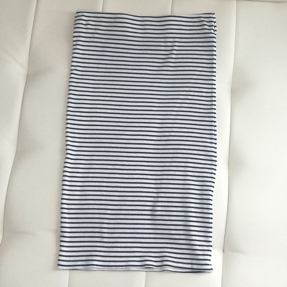 Navy white striped stretch midi skirt